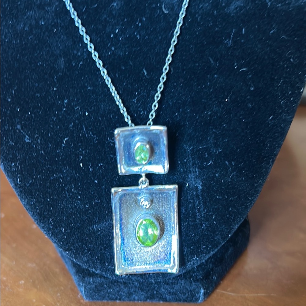 Elegant Silver and Green tourmaline  Pendant Necklace trimmed -4 k gold